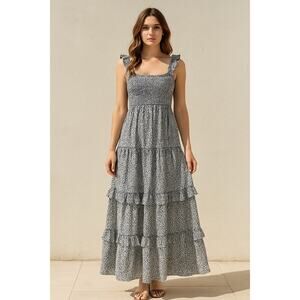 Belinda NWT Smocked Tiered Ruffle Maxi Dress Black White Dot Print Size L